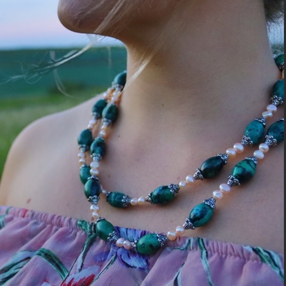 gabriella designs Jewelry - Genuine pearl and Chrysocolla two strand necklace